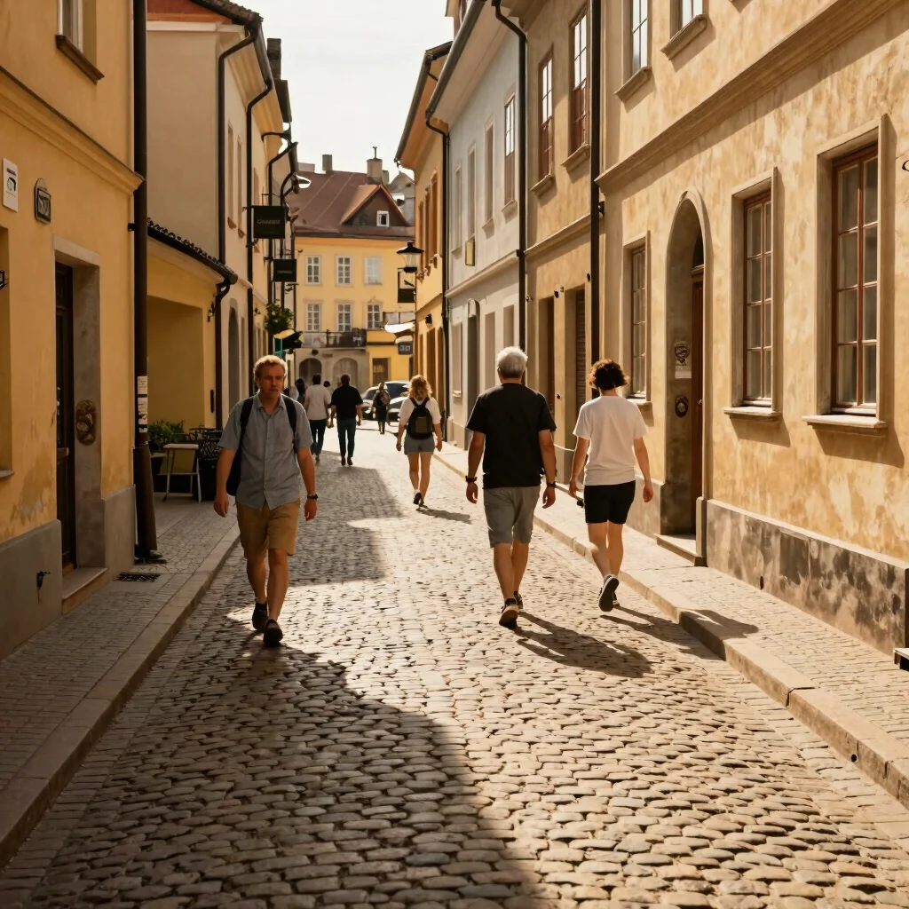 Sunlit cobblestone street in a historic European town, warm window daylight, candid travelers walking